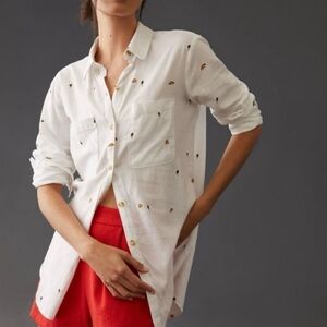 Anthropologie Scott Csoke Romy White Button Up Linen Shirt Rainbows Roses M